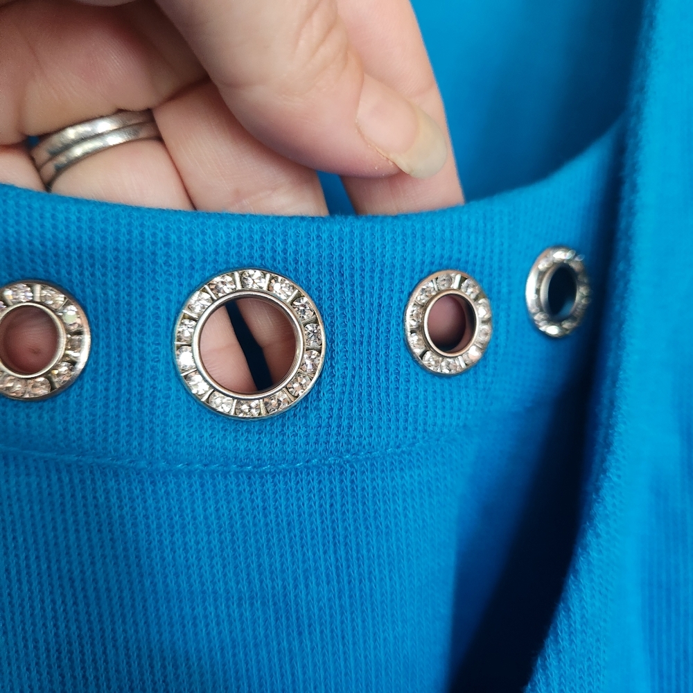 Quacker Factory Blue Cardigan Tank Sweater Top Set Rhinestone Keyhole Plus Sz 2X - Picture 4 of 10